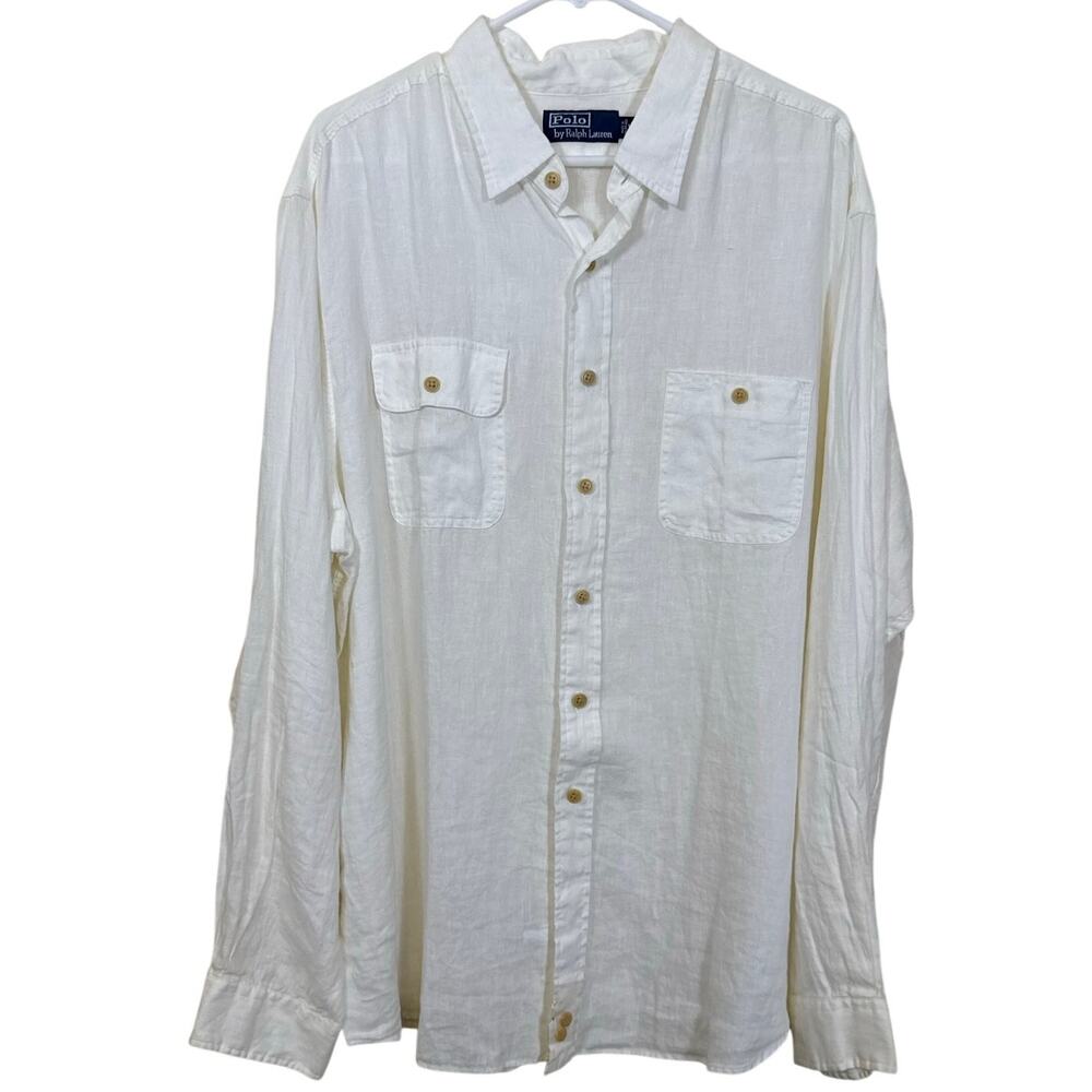 VTG Polo Ralph Lauren Men's 100% Linen Long Sleeve Button Down Double Pocket XXL